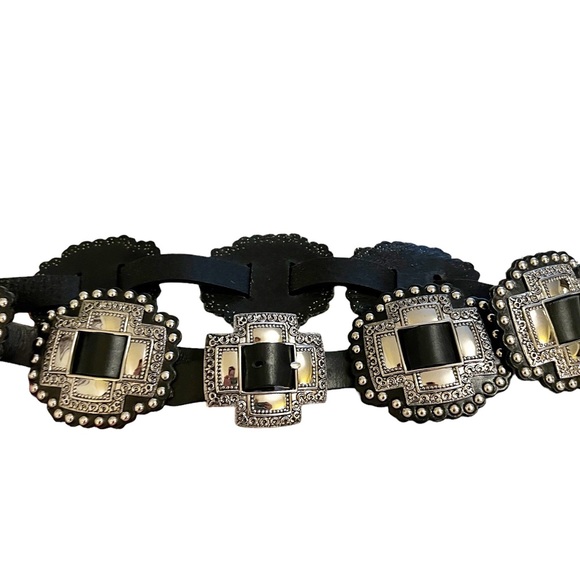 Southwestern Aztec Boho Chic Silver and Black Leather Oversized Belt - Picture 7 of 7